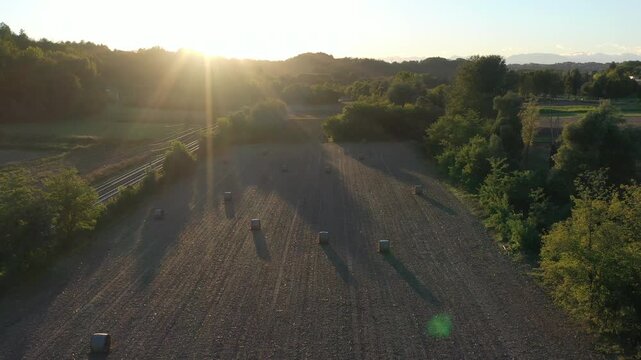 backlight view of a threshed field. Italy