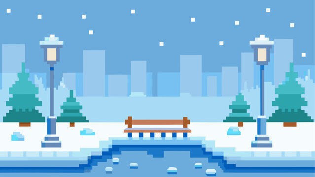 Pixelated winter park scene with bench view