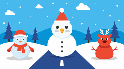Cartoon snowmen and reindeer winter scene © Devili