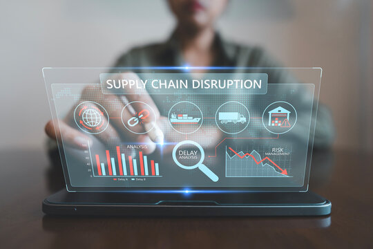 global economic impact Middle East geopolitical conflict concept, Business analyst monitoring virtual supply chain disruption dashboard, USA financial market, Inflation shock, Israel Iran war effect