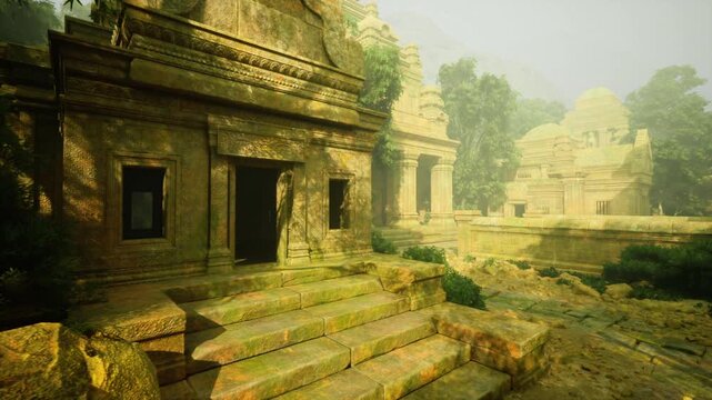 tropical decay engulfs historic temple, eroded steps and collapsed cornices overtaken by dense undergrowth, warm hazy backlight accentuates texture, evocative