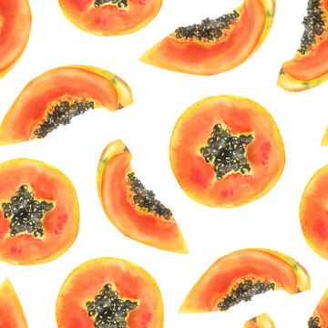 Papaya slices seamless pattern white