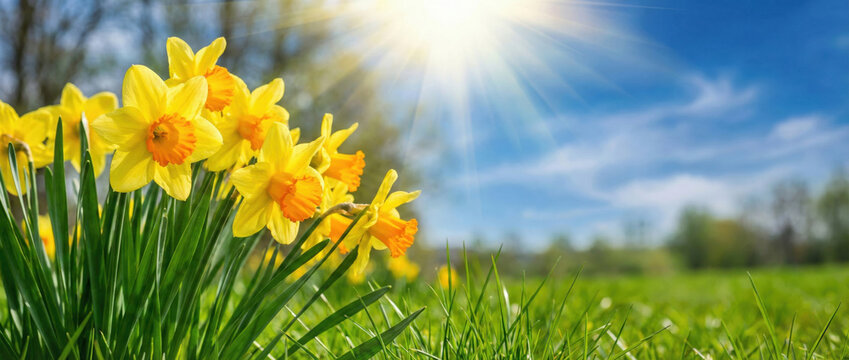 Vibrant yellow daffodils blooming in green grass under sunny blue sky with white clouds