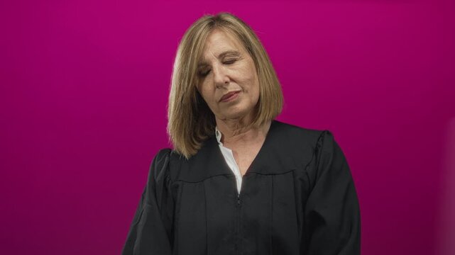 Woman judge middle age caucasian removes glasses in pink studio setting with solemn expression; fairness justice seriousness integrity.