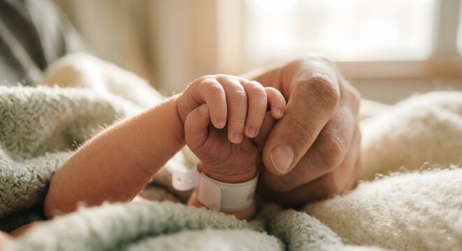 Heartwarming close up of a sleeping newborn baby and gentle parent hands holding tiny feet 37