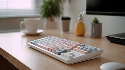 A minimalist mechanical keyboard with pastel keycaps is set up on a wooden desk in a serene office workspace