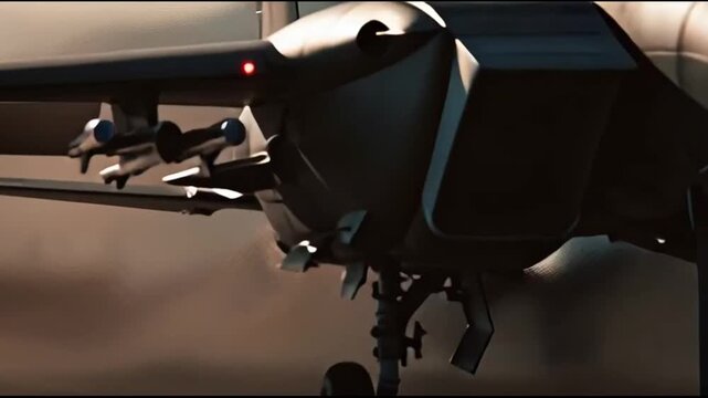 Close-up shot of a drone's front end with a red light on, showcasing its sleek design and multiple propellers against a blurred background.