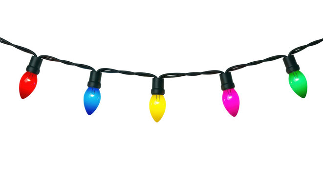 hyper-realistic close-up macro studio shot of glowing, multi-colored c6 christmas string lights on a matte black wire, arranged as a horizontal border against a transparent background with copy space.