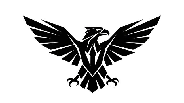 Black eagle symbol with outspread wings against white background