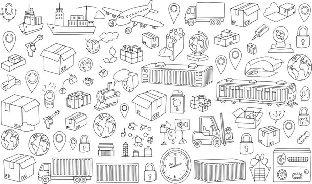 Global Logistics Supply Chain and Freight Transportation Services with Warehouse Delivery Symbols and Shipping hand drawn vector illustration doodle art