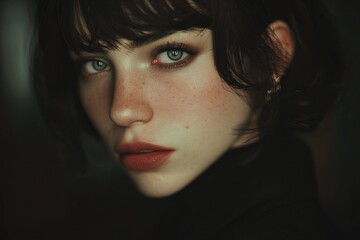 Portrait of young woman with short dark hair and blue eyes looking at camera in soft light. Close-up face with freckles and subtle makeup on dark background.