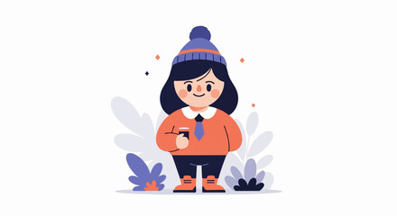 Fototapeta premium A cartoon character wearing a winter hat and holding a cup, surrounded by plants