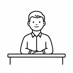 Obraz premium Hand Drawn Man Sitting at Desk Black and White Avatar Illustration in Minimal Line Art Style Design