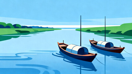 Two small boats floating on a calm river surrounded by lush greenery © Silhouette Stock