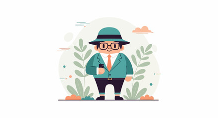 Obraz premium A stylized, short, round figure in a hat and suit holds a phone amidst gentle flora
