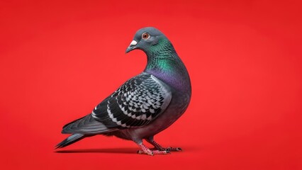 Fototapeta premium Elegant pigeon bird with colorful feathers against a vibrant red backdrop
