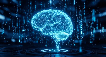 Obraz premium Futuristic AI brain hologram, glowing neural network connections, blue neon light, floating digital particles, high-tech artificial intelligence concept, dark background, ultra-realistic 3D render