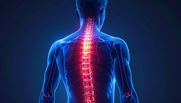 Digital illustration of human figure viewed from back, spinal column highlighted in vivid red, surrounding skeletal structure in blue, emphasizing vertebrae alignment and anatomy, medical visualizatio