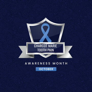 3D illustration for CMT Awareness Month in October. Blue ribbon on a silver shield over a dark blue pattern background. Vector medical awareness for nerve disorders.