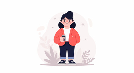 Obraz premium Cartoon woman in casual clothes holding a drink, with abstract floral background