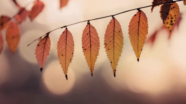 秋の公園で色づいたケヤキの葉を枝先の対角構図で柔らかく撮影