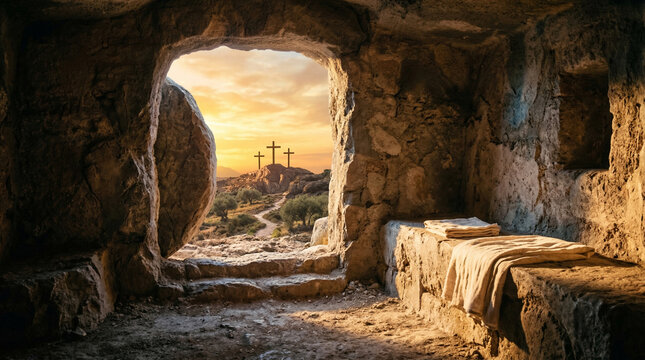 Morning resurrection scene: Empty tomb with shroud and three crosses on top of hill under shining golden sunrise - Christian concept of Easter hope