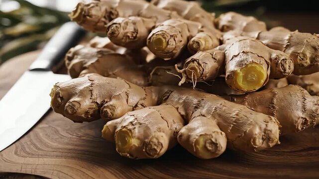 Fresh ginger root on wooden surface with knife for culinary and health concepts