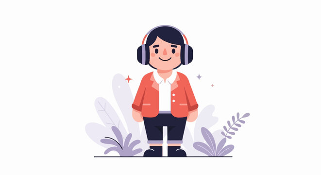 Cheerful person wearing headphones, dressed in a coral jacket and navy pants, surrounded by stylized plants