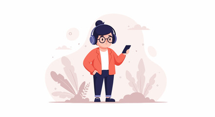 Fototapeta premium Animated character with headphones and phone stands amidst abstract plants
