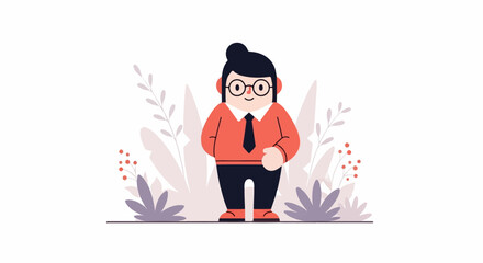 Fototapeta premium Stylized cartoon character in business attire, standing among abstract foliage and berries