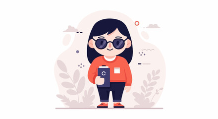 A cheerful, dark-haired person with round glasses and an orange sweater holds a blue tablet