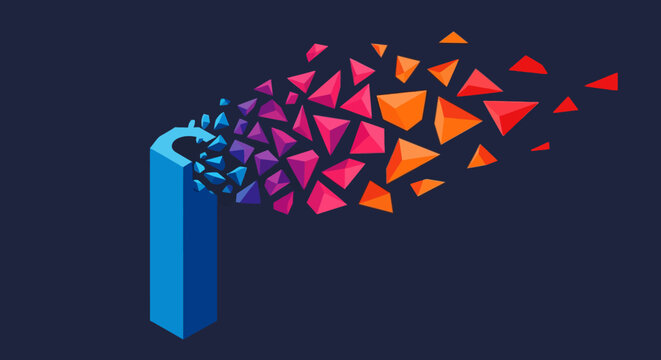 colorful geometric shapes exploding from 3d blue cube