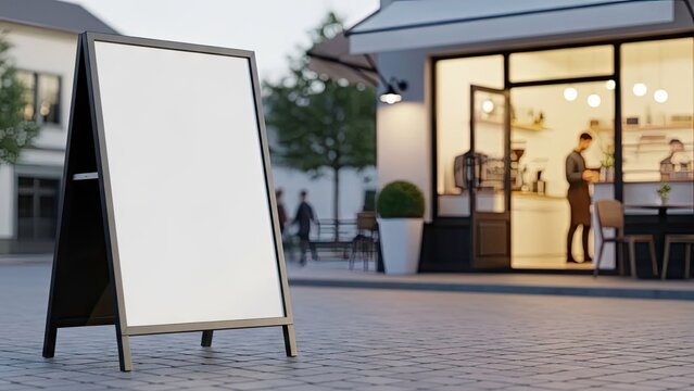 Blank sidewalk sandwich board sign mockup outside cafe exterior