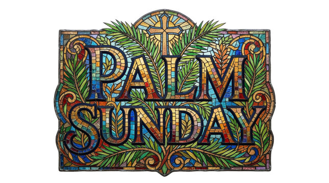 Decorative text for Palm Sunday in an ornate stained glass frame with green leaves, perfect for religious Christian holiday invitations, church bulletins, and holy week spiritual graphics.