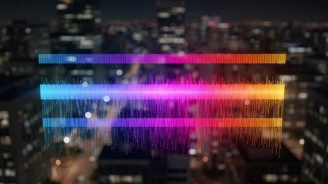 AIdriven spectrum optimization interface displaying channel adjustments with a colorful heatmap overlay on an outoffocus city grid in the background.