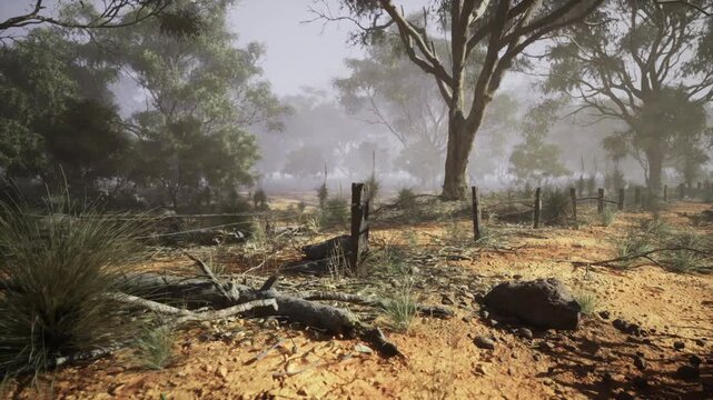 Fence line with fallen log scrub and scattered debris, dry soil and sunlit rocks, weathered posts and broken branches, pastoral maintenance scene suggesting