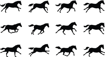 Fototapeta premium Running horse silhouettes collection with galloping equine poses, black animal vector set isolated on white background for wildlife, farm, logo and design projects