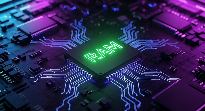Dynamic RAM chip illuminates a futuristic circuit board, symbolizing advanced digital technology and computing speed
