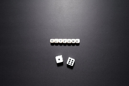 Outcome word above dice symbolizing results, consequences, probability, and decision impact.