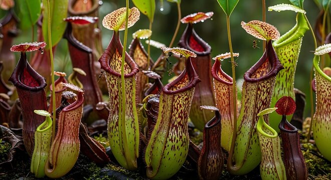 Carnivorous pitcher plants display vibrant colors in their natural habitat.