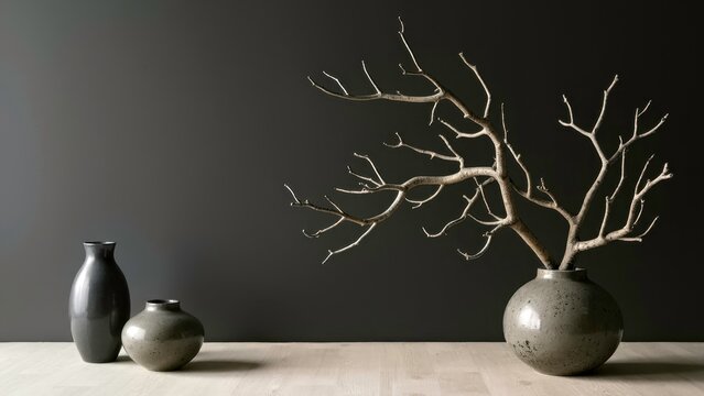 Minimalist indoor Zen scene with withered branches and grey bottles