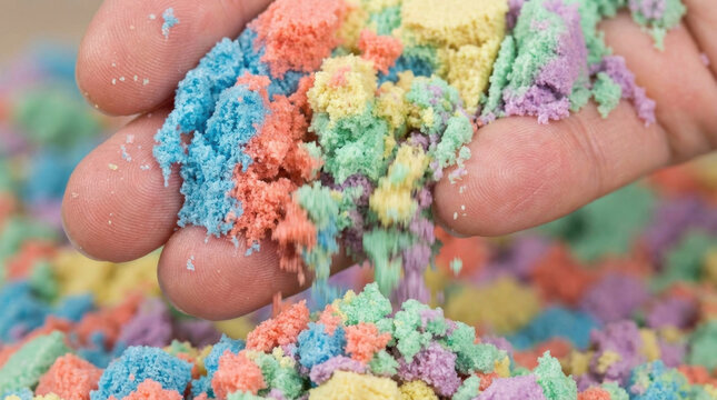 Creative colorful kinetic sand flows through fingers in soothing stimming sensory experience with soft texture and vibrant pastel hues