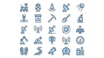 Detailed set of planetary exploration icons including a rover, astronaut, rocket ship, satellite dish, telescope, solar panel, and scientific instruments for astronomy research, galaxy, tech, science. © Itx Musa