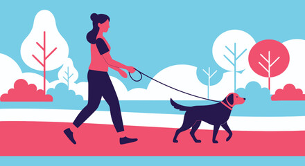 A woman in pink walks her dog on a leash through a stylized minimalist park landscape silhouette high quality professional detailed