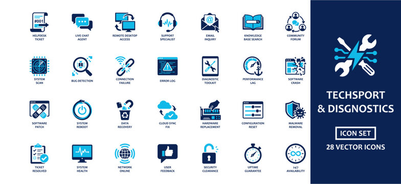 Tech Support and Diagnostics solid icon set featuring Helpdesk Ticket, Remote Desktop Access, Bug Detection, Data Recovery, Hardware Replacement, and Software Patch for professional IT maintenance.