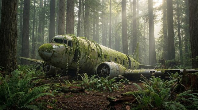 A vintage airplane wreck, completely enveloped by an ancient forest, its fuselage draped in moss and ferns, a haunting testament to nature's powerful reclamation
