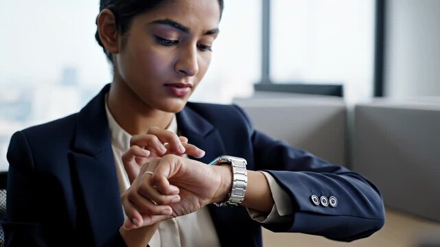 Time management productivity and efficiency in a busy workday for professional deadlines project timelines and corporate schedules with young businesswoman checking her smartwatch intently during