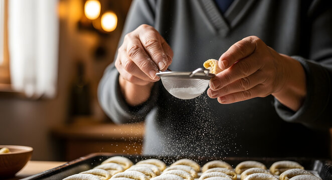 A person sprinkling powdered sugar over freshly baked cookies, adding a finishing touch.
