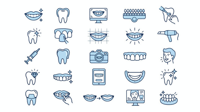 A professional set of blue line icons for cosmetic dentistry, dental health, teeth whitening, veneers, crowns, smile design, clinic equipment, and modern medical technology, healthcare, dentistry.