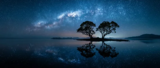 Stunning night sky with Milky Way over calm lake and trees © Adi